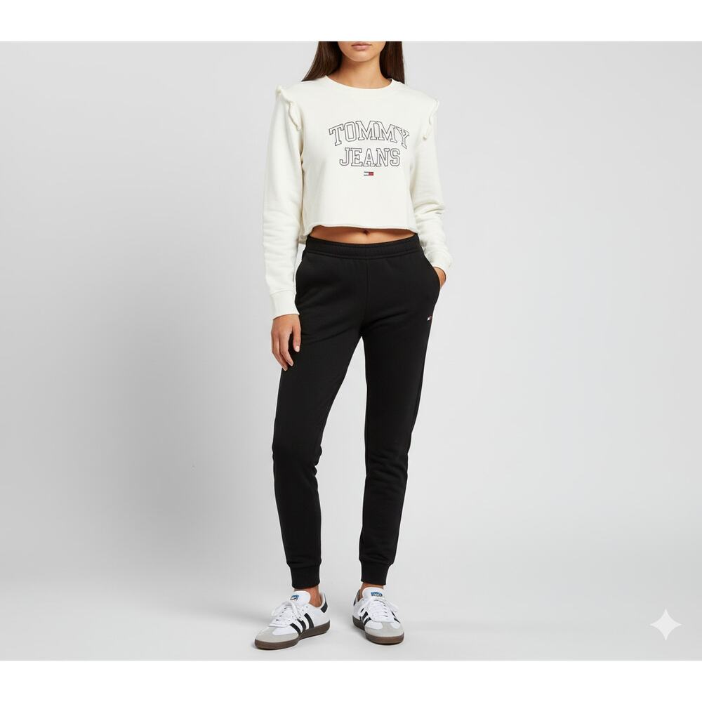 NWOT Tommy Jeans Women's ivory Cropped Ruffle-Trim Sweatshirt Chic sporty Sz XL